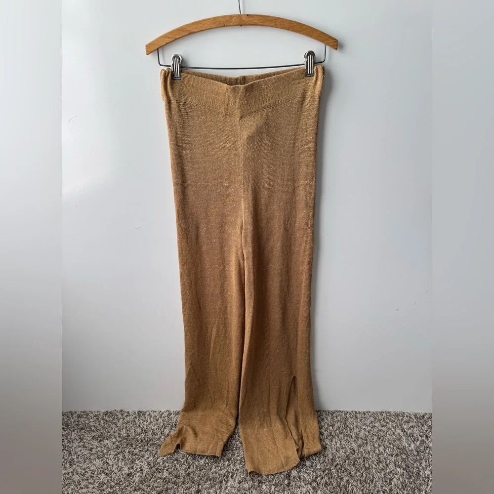 ZARA Knit High Rise Brown Linen Blend Leg Slits Wide Leg‎ Pants Size Small NWT